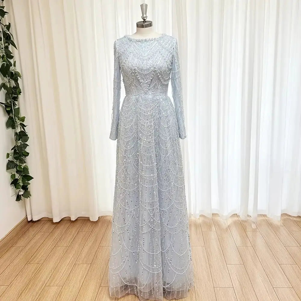 Mina Luxurious Beaded Sequin Dress Long Sleeve Round Neck Formal