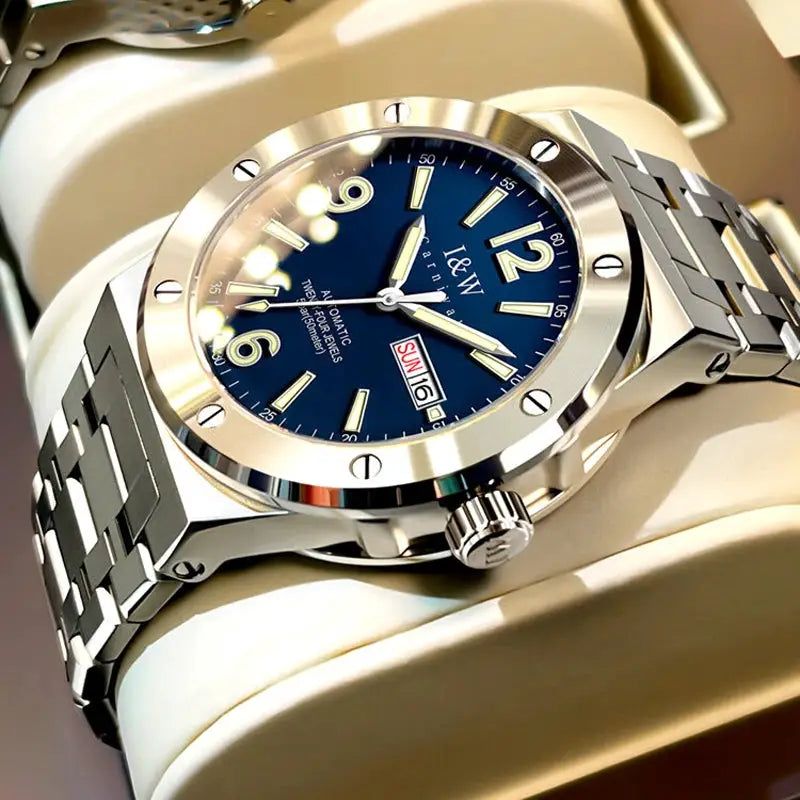 Men's luxury automatic watch with stainless steel bracelet, blue dial, day-date window, 50M water resistant