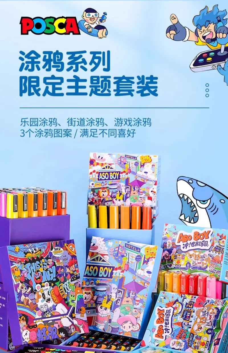 Uni Posca paint marker set PC-1M PC-3M PC-5M in original vinyl case, colorful markers on display