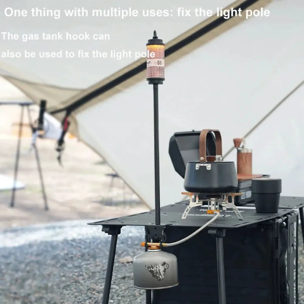 Hang Gas Canister Hook by Simples Market; black metal camping hook with hanging plate and bottle opener