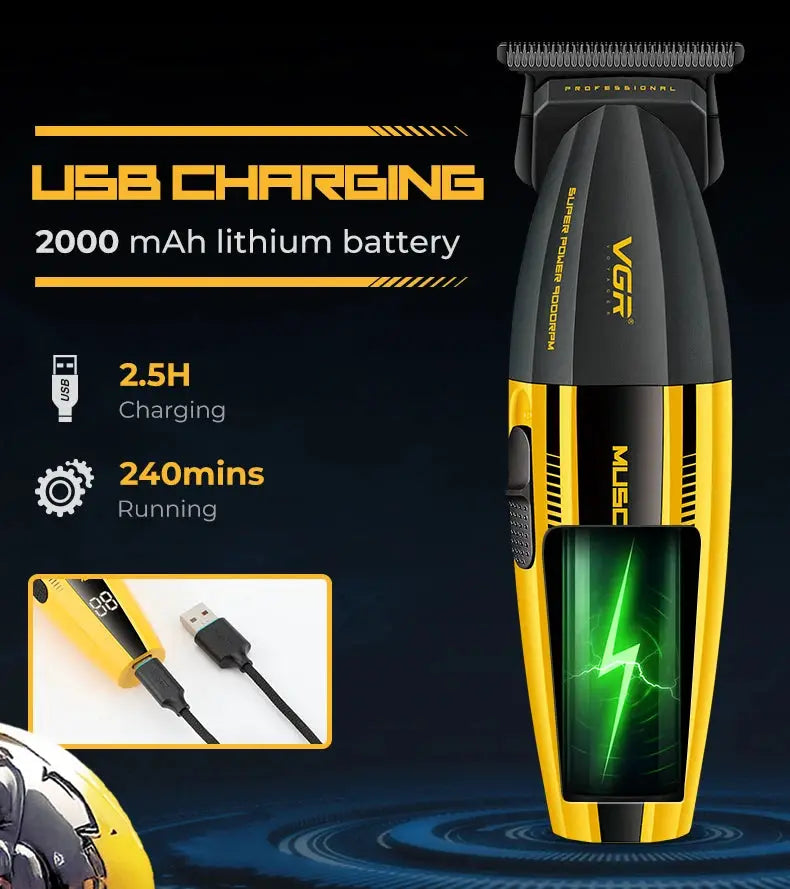 VGR professional hair trimmer and clipper set in black and yellow with USB charging