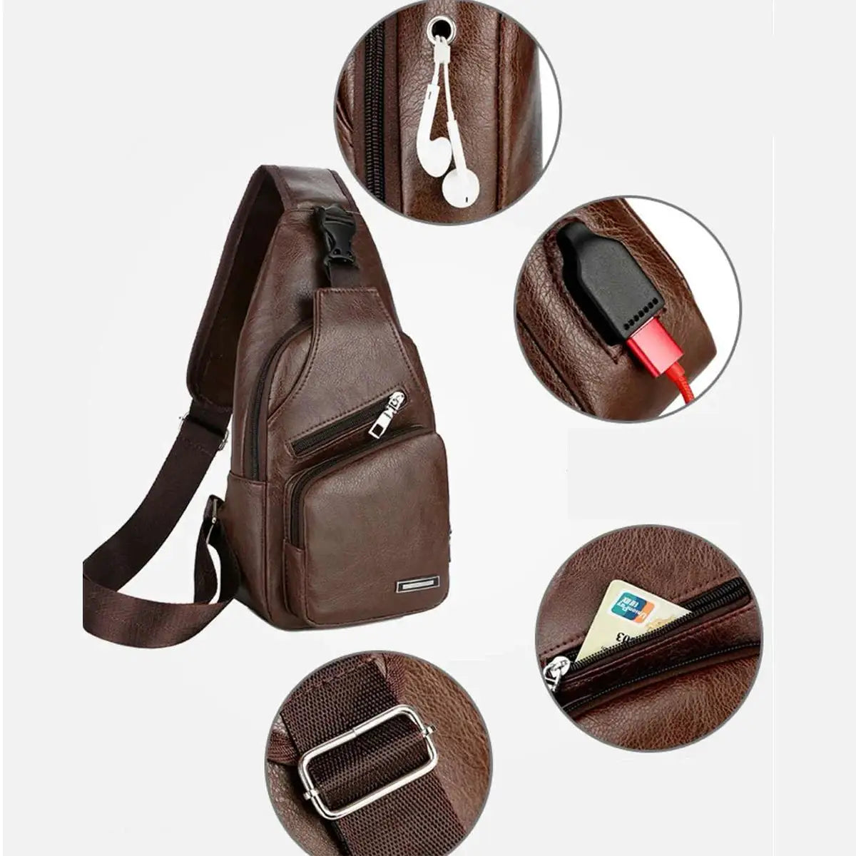 Men's brown PU leather crossbody chest bag with USB charging port and zip pockets by Simples Market
