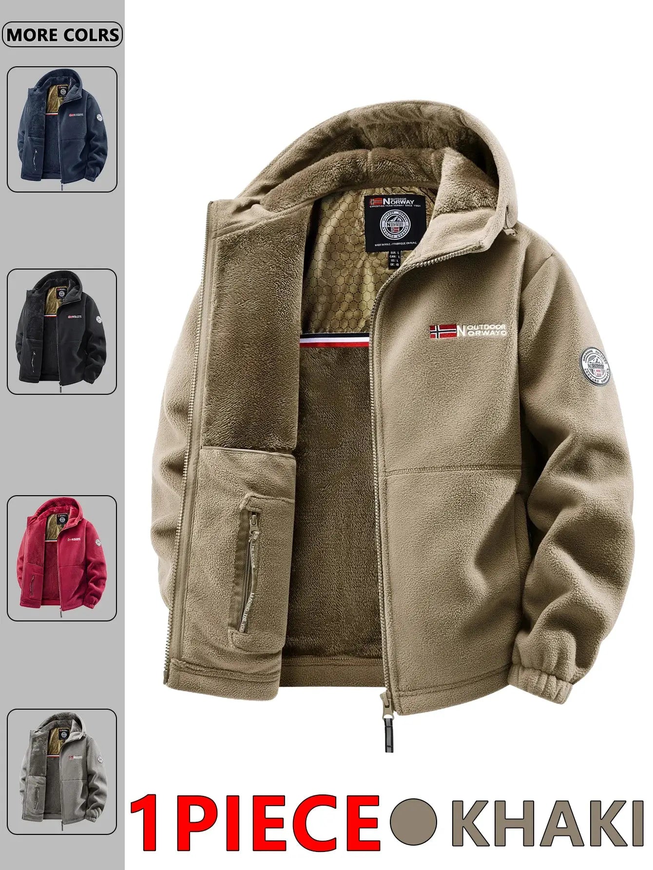 Simples Market khaki fleece hooded jacket for men with zip front and pockets.