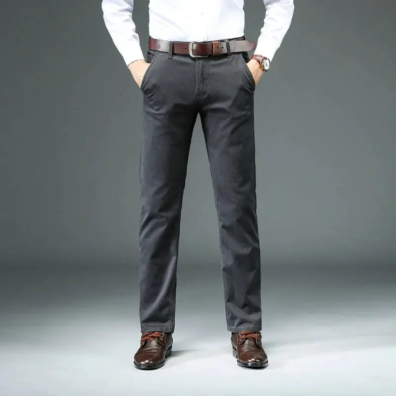 Men's straight gray cotton-stretch pants for business casual wear