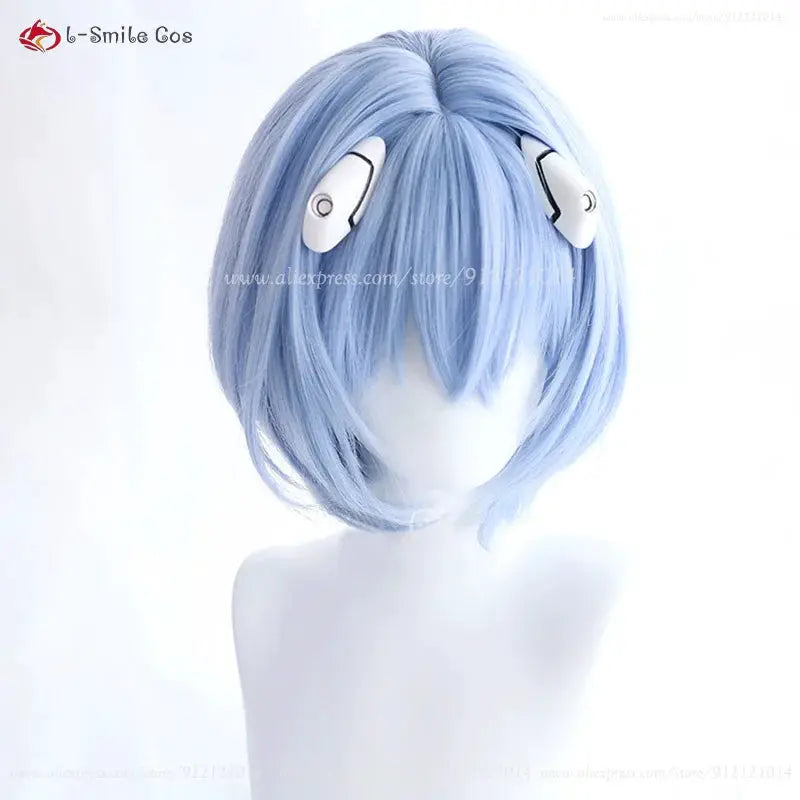 Rei Ayanami cosplay wig, short blue heat-resistant synthetic hair with white clips and a wig cap by Simples Market