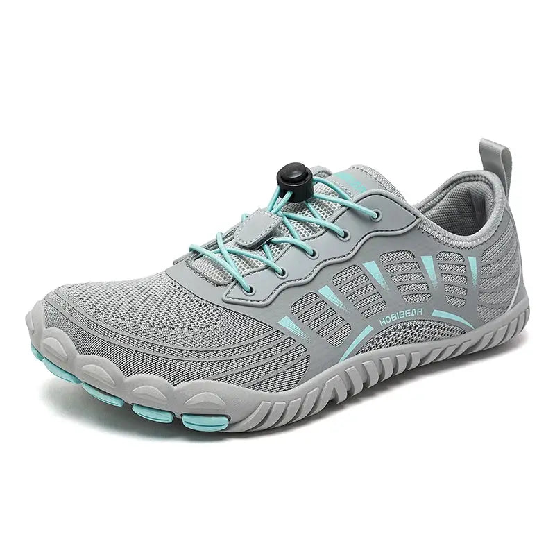 HOBIBEAR barefoot sneakers for men and women, gray mesh with teal accents, wide toe and elastic toggle laces