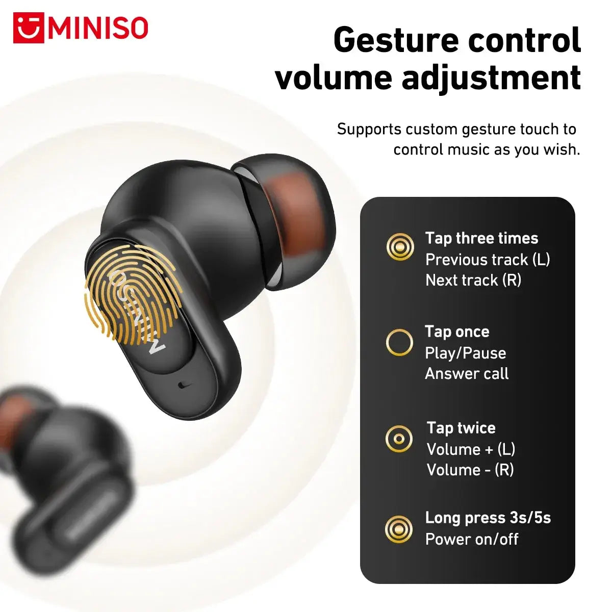 MINISO MS105 Bluetooth Earphones, black wireless in-ear earbuds pair
