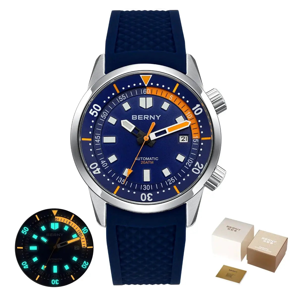 BERNY blue dive watch, 42mm, luminous dial, stainless steel case, 200m water resistant, blue strap, includes boxes