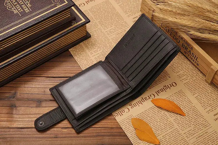 Genuine leather men's wallet in black with transparent ID window and multiple card slots