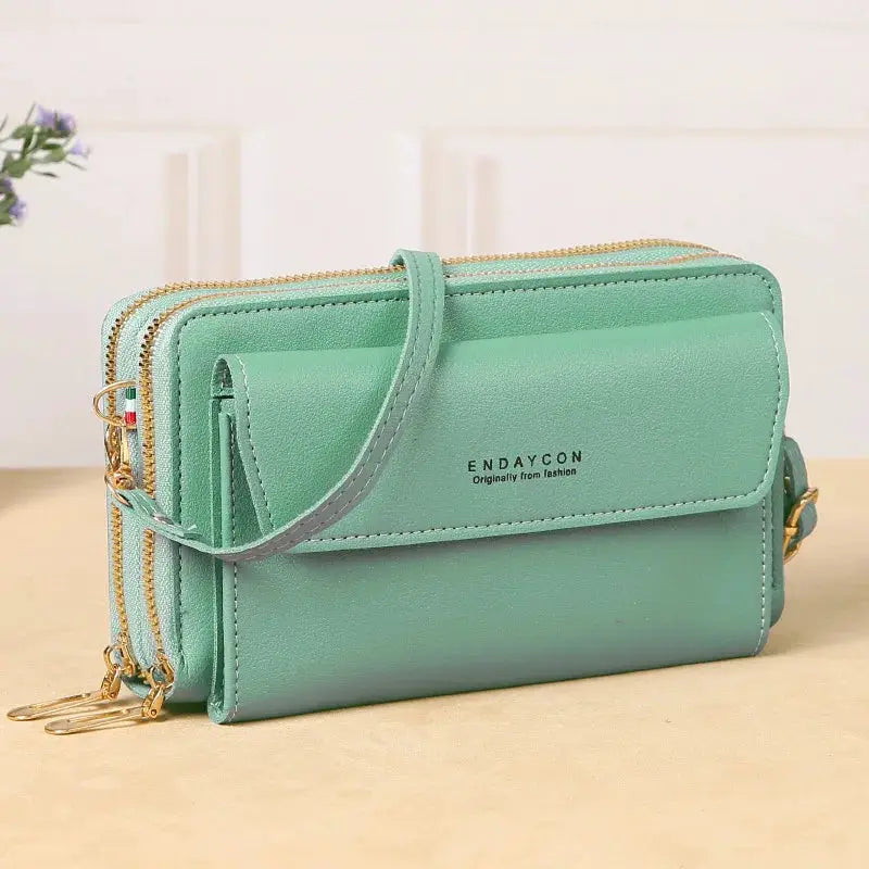 Endaycon mint green women's crossbody bag with double zippers and gold hardware