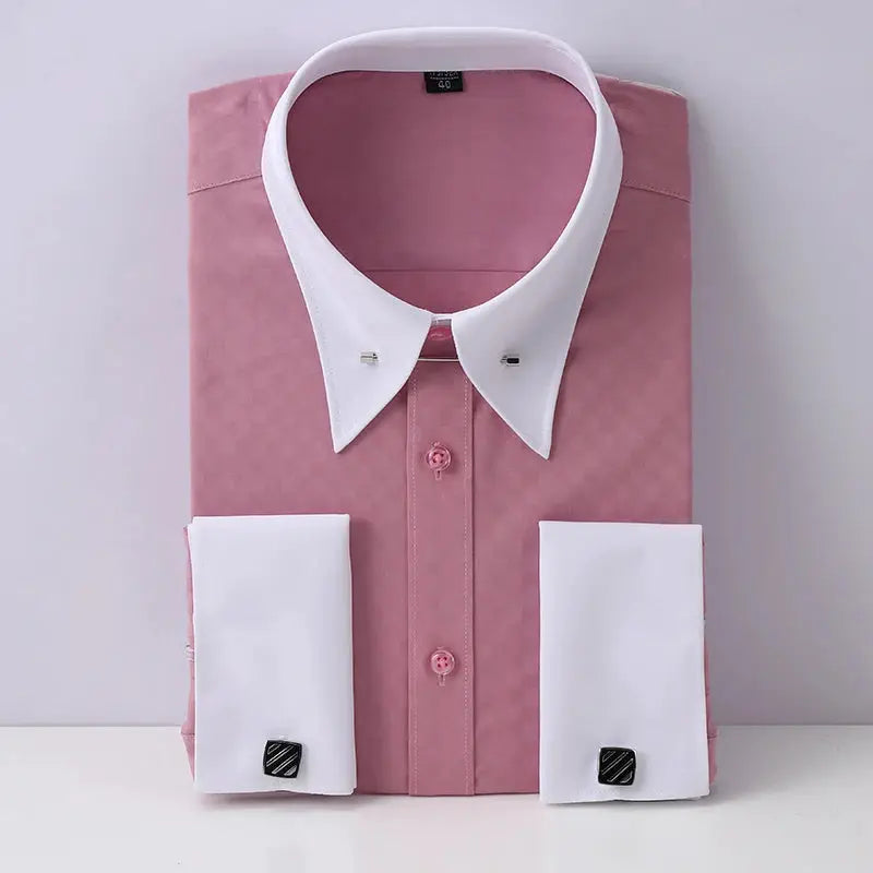 Pink men's dress shirt with white contrast collar pins and cuffs with cufflinks Simples Market