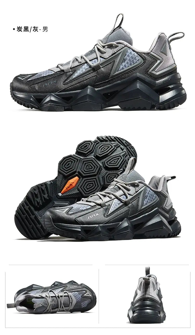 RAX men's waterproof hiking shoes in charcoal gray with breathable mesh and rugged black outsole