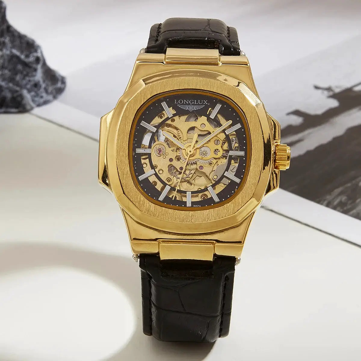 Men's gold-tone skeleton automatic watch with black leather strap, Longlux dial, Simples Market