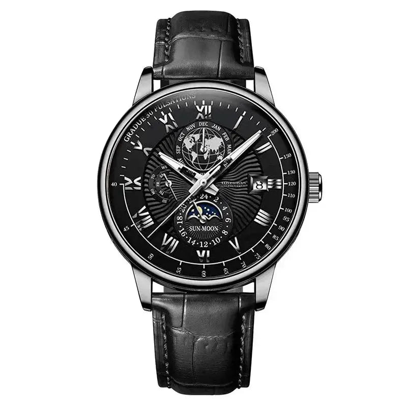 NovaLux Moon Phase Chronograph Leather Mens Watch With Luminous Hands And Complete Calendar