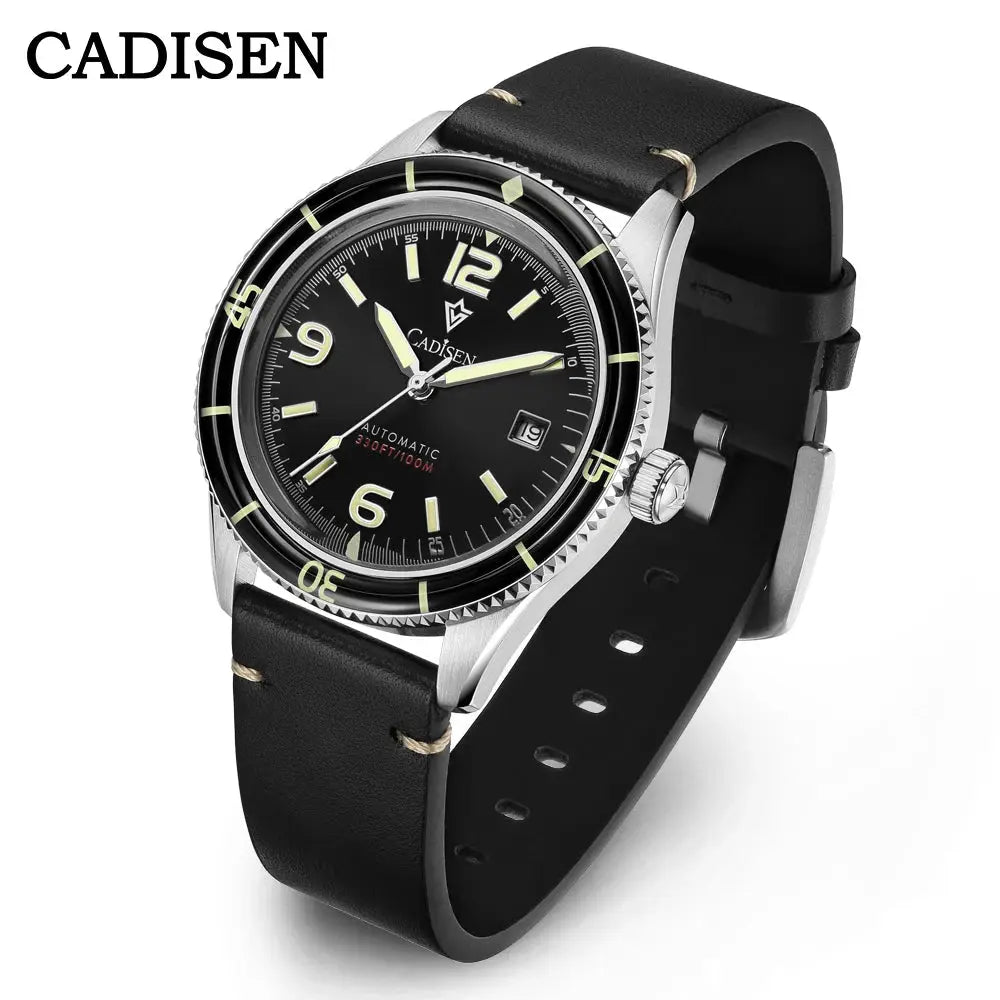 CADISEN men's automatic watch with black dial, luminous markers, date window, stainless steel case, leather strap