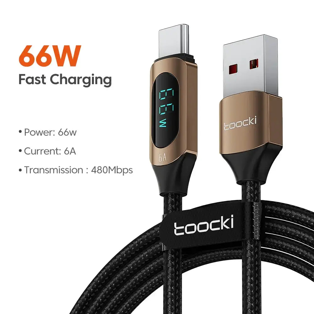 Toocki USB-C to USB-A charging cable, braided black cord with bronze connectors, 66W fast charging