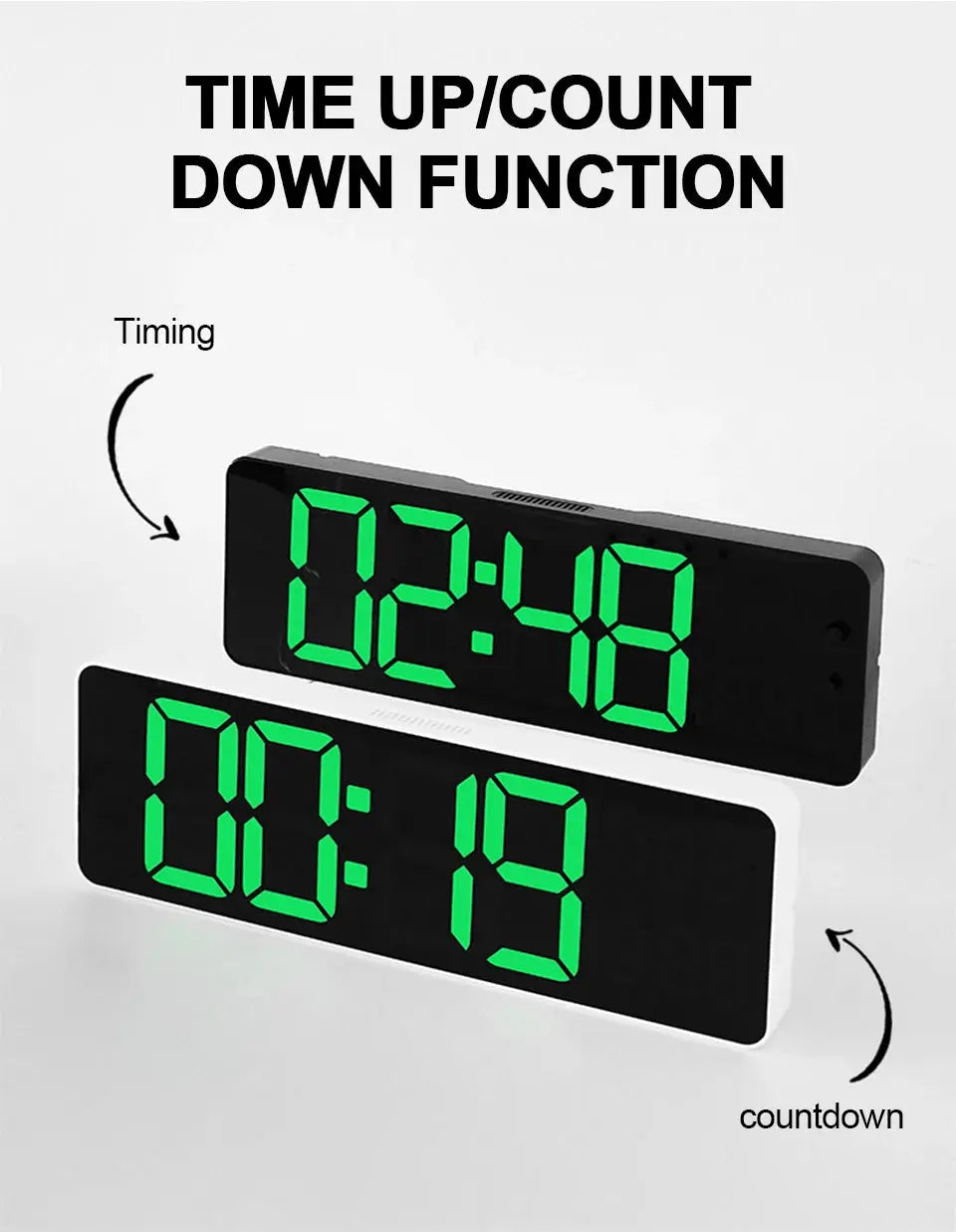 Large digital wall clock with dual green LED displays for time and countdown
