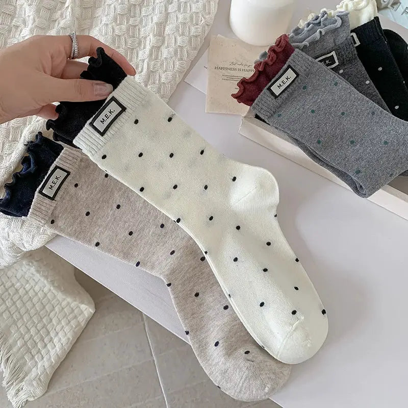 PreppySteps Womens Dots Pattern Frilly Long Socks Breathable Combed Cotton Everyday Comfort