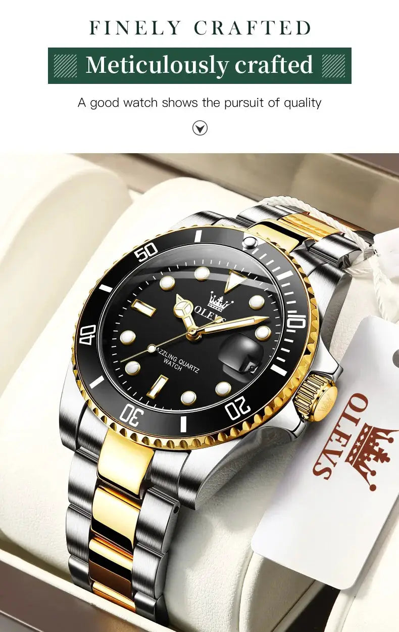 OLEVS men's diving watch; two-tone stainless steel bracelet, black dial, gold accents, waterproof