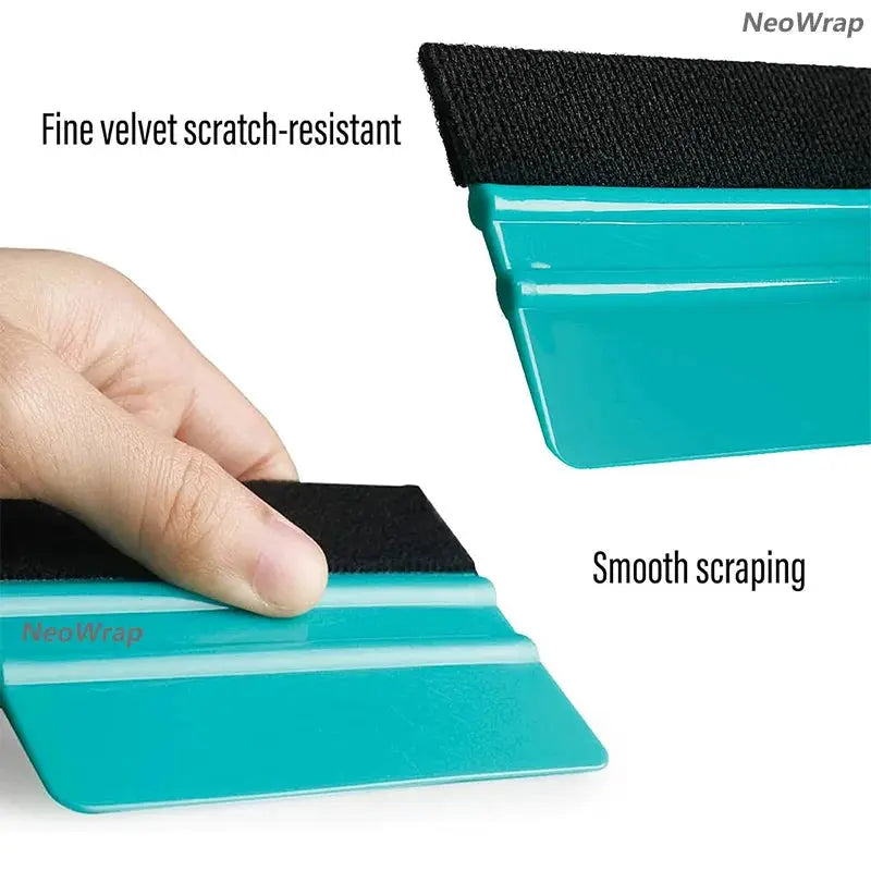 Felt edge squeegee for vinyl wrap by NeoWrap, teal plastic handle with black felt edge