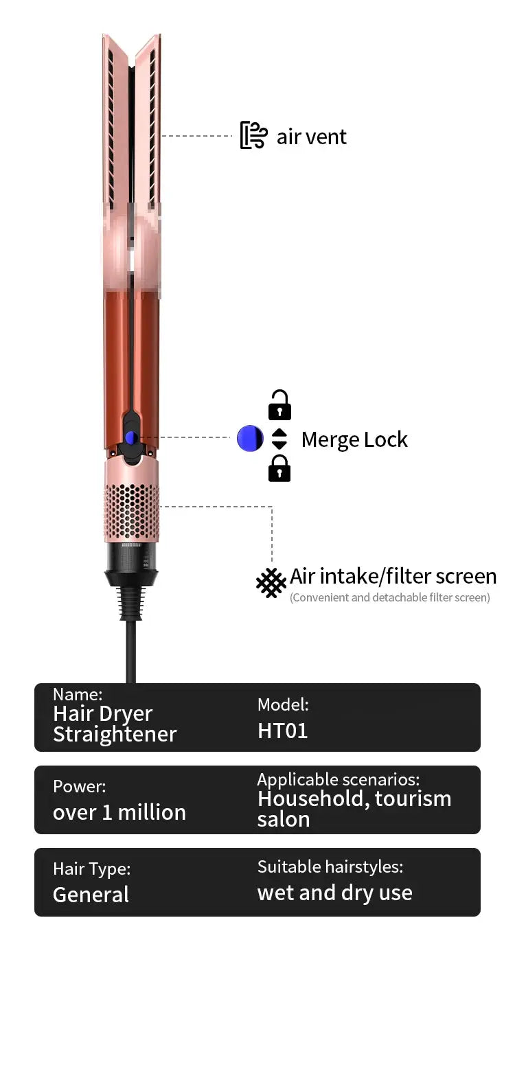 Simples Market HT01 pink rose-gold hair straightener and dryer with air vent and detachable filter screen