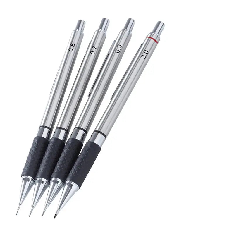 Metal mechanical pencil set with black grip, four pencils in silver finish with lead sizes 0.5/0.7/0.9/2.0mm