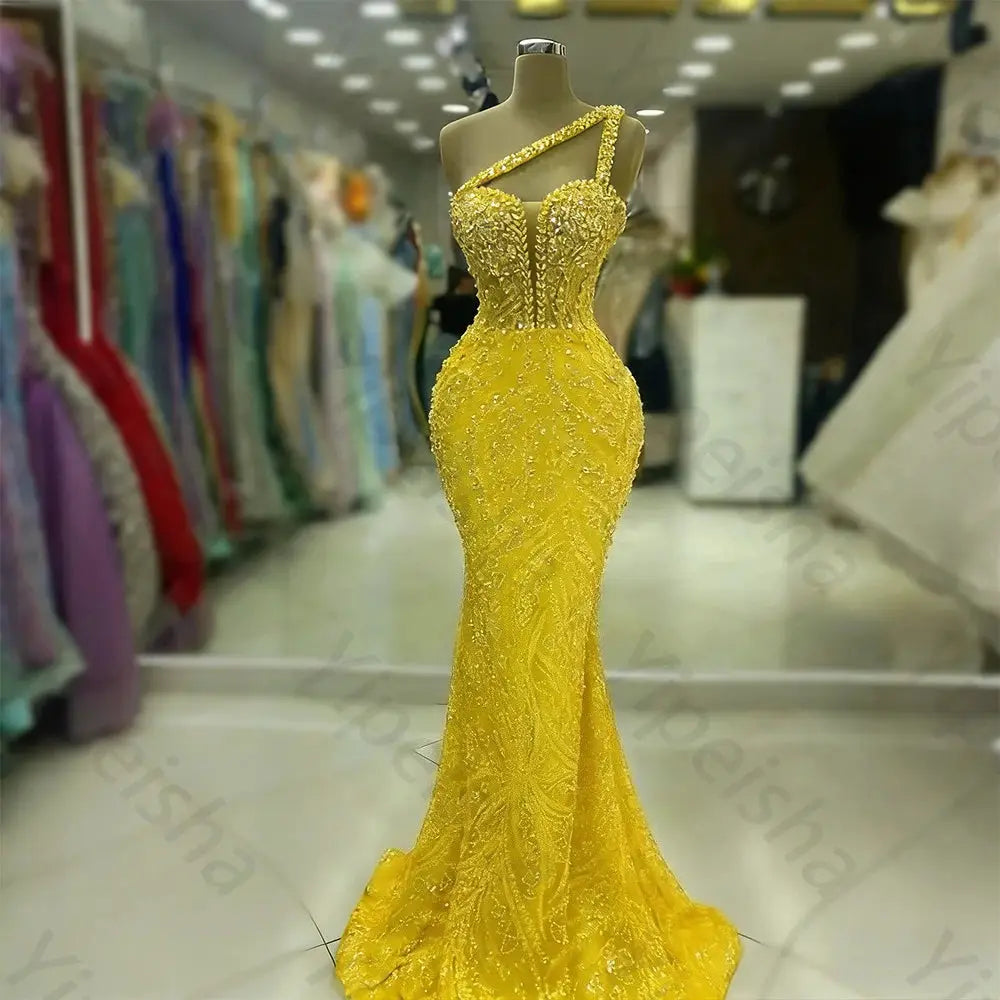 One Shoulder Backless Sequin Mermaid Evening Gown With Beading
