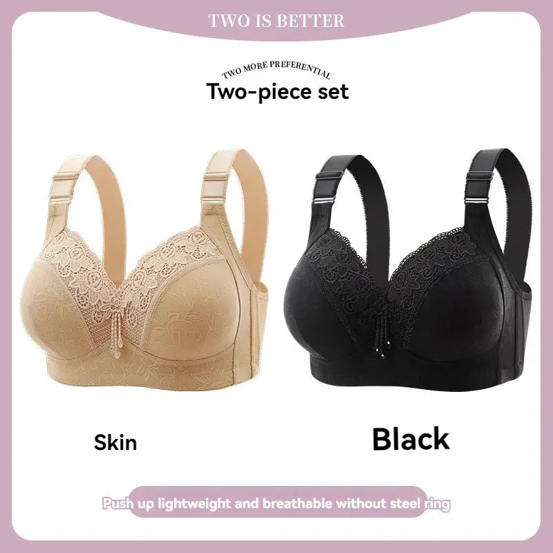 Two-piece lace bra set for women in beige skin tone and black by Simples Market