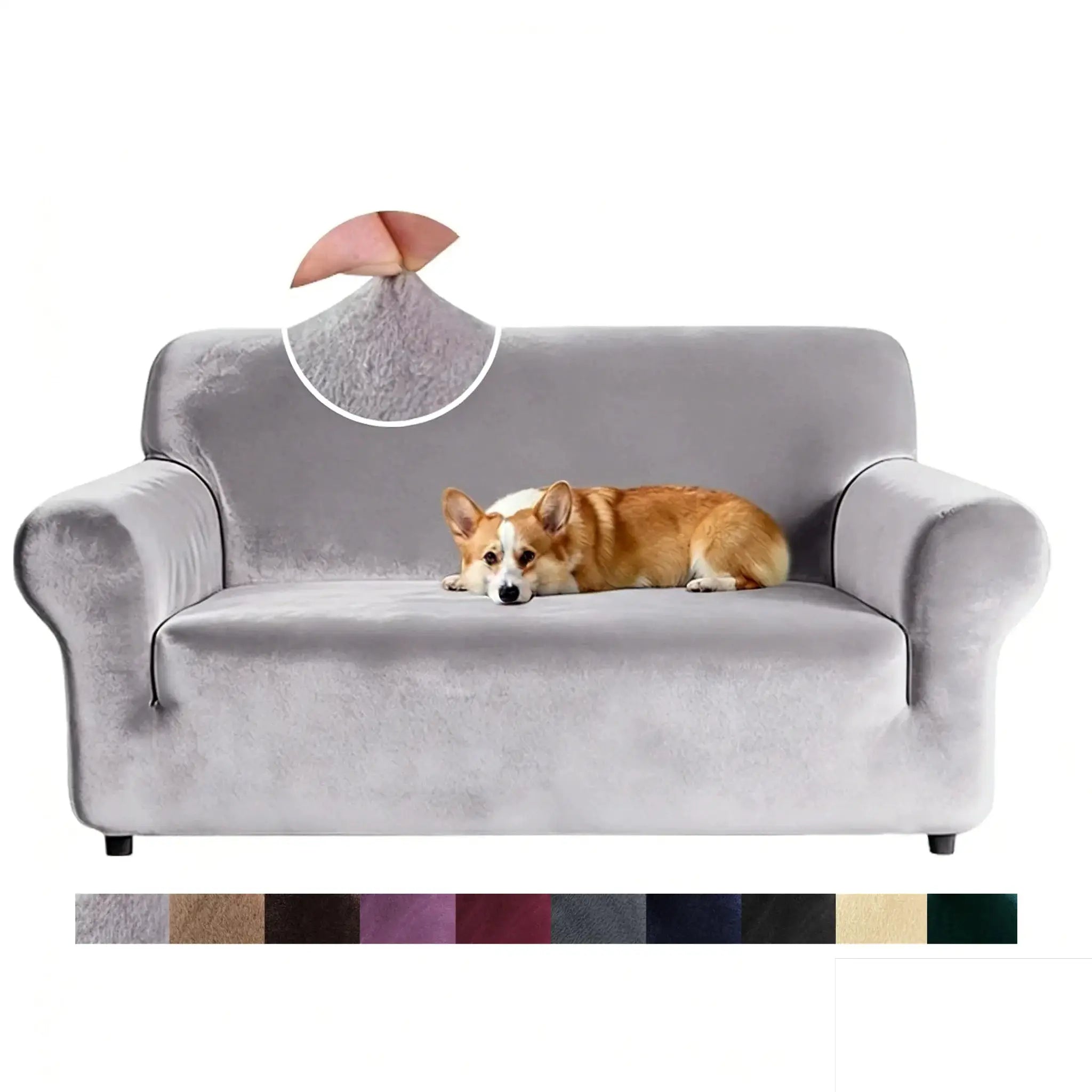 Simples Market velvet sofa cover in grey with thick elastic, stretch couch cover for 1–4 seater sofas