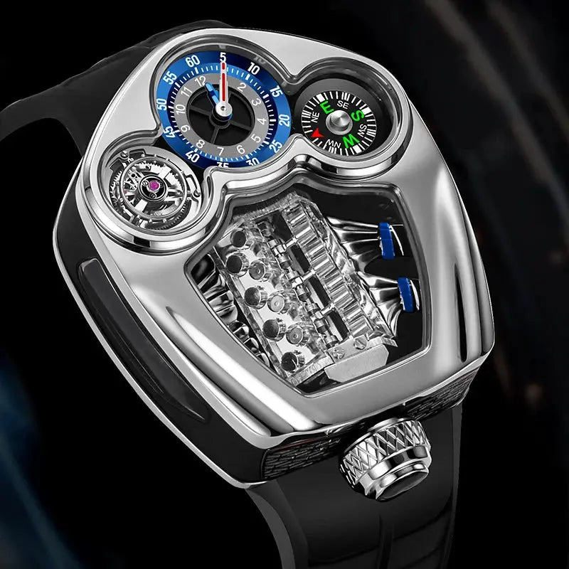 PINDU Design men's watch with blue dial, compass, skeleton mechanism, stainless steel case, silicone strap