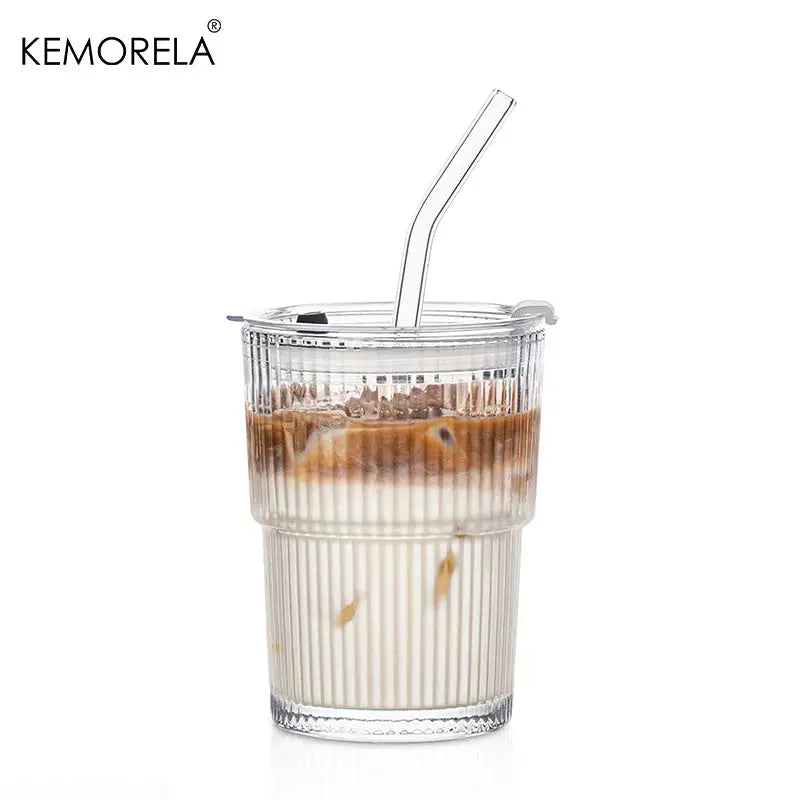 450ml Stripe Glass Cup With Lid And Straw Transparent Drinking Glass For Ice Coffee Tea Juice Milk Water