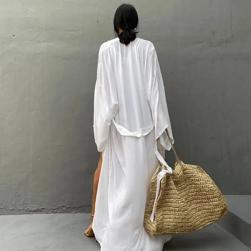 Coastline Solid Beach Cover Up Women Self Belted Wrap Kimono Dress Flattering Wrap Design For Breezy Summer Beachwear
