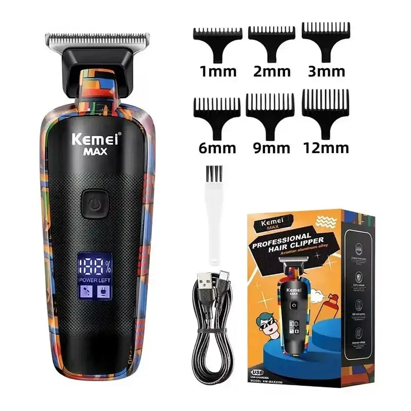 Kemei MAX professional electric hair clipper with graffiti pattern, rechargeable; includes 6 guide combs and USB cable.