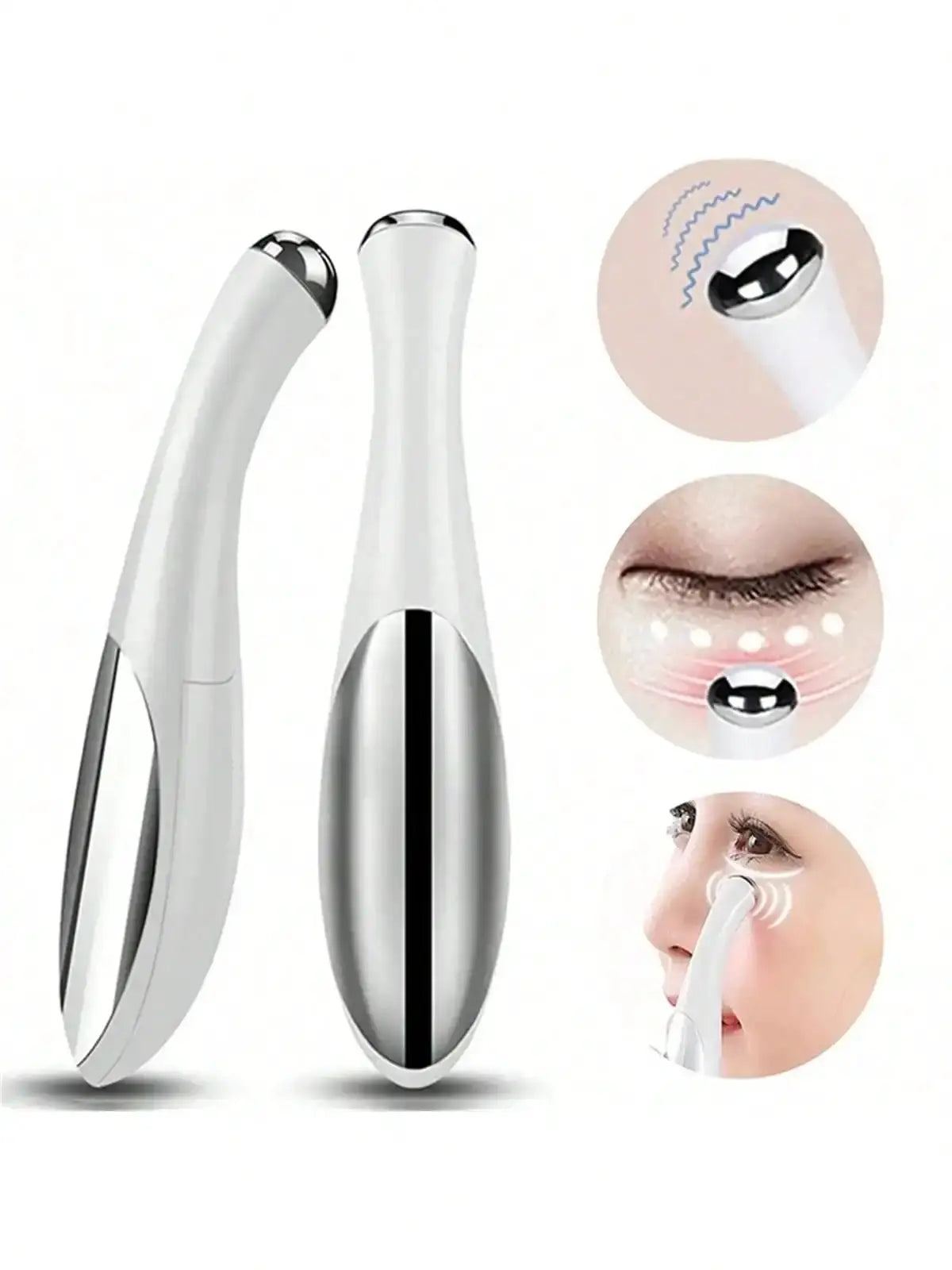 Electric eye massager pen, white with chrome ends, vibrating under-eye care device.