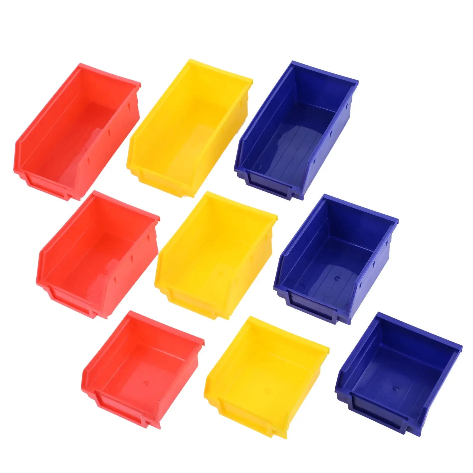 ABS stackable storage bins set in red, yellow and blue for garage organization