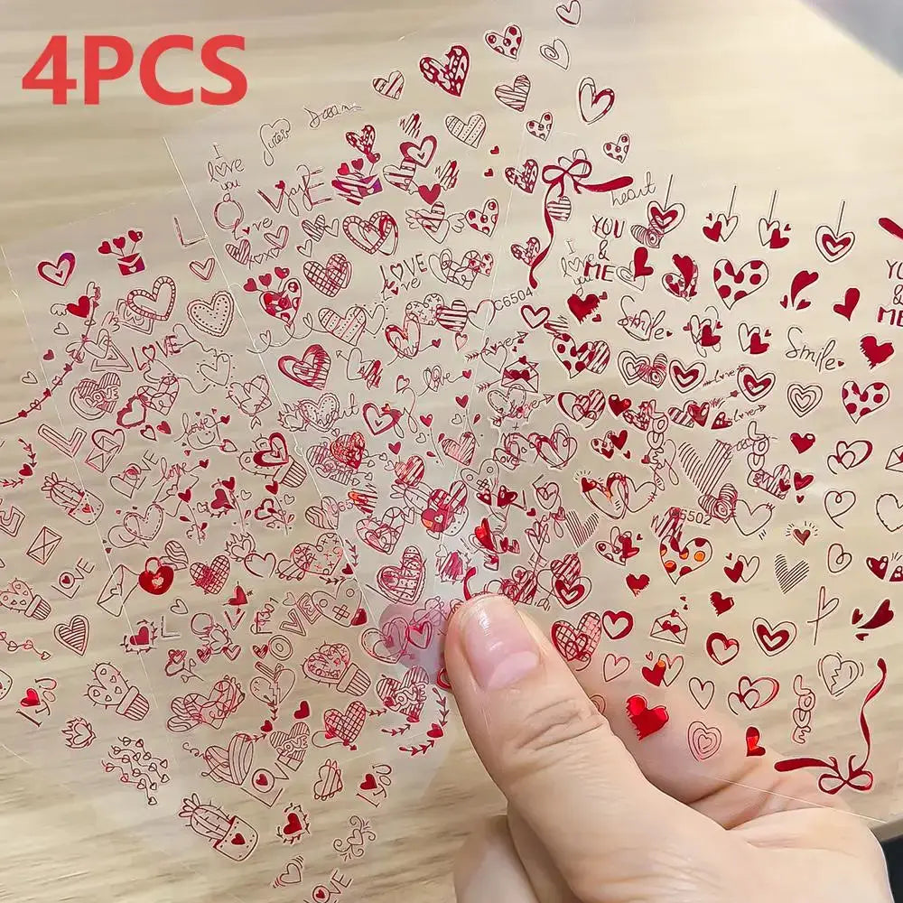 Nail sticker sheet with red and pink heart decals for manicure, self-adhesive, 4pcs