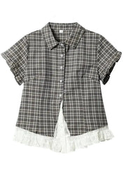 Women’s plaid shirt blouse with short sleeves and white lace hem, gray check pattern