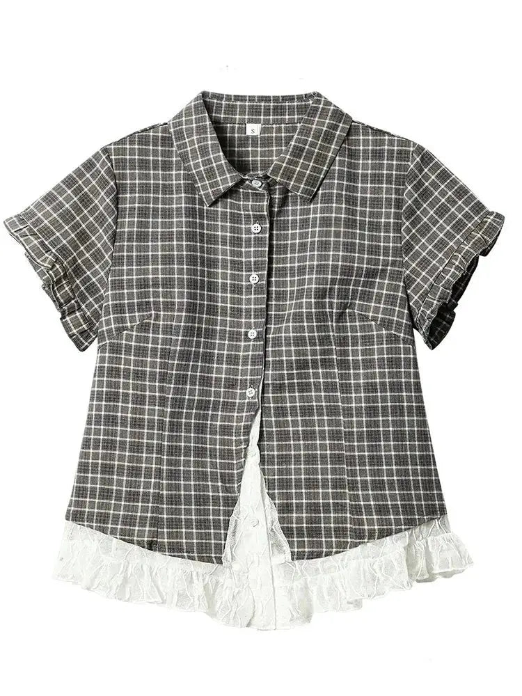 Women’s plaid shirt blouse with short sleeves and white lace hem, gray check pattern