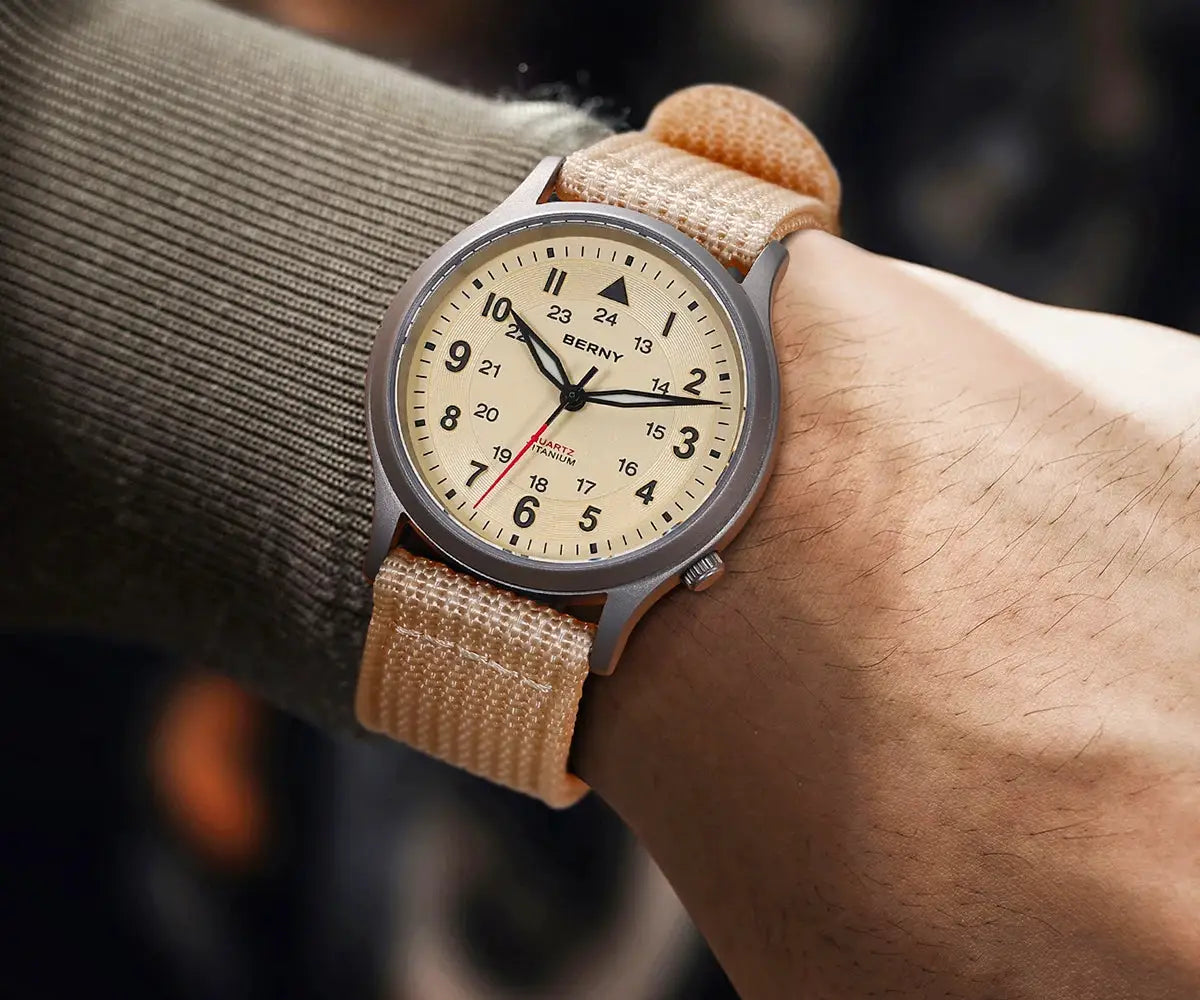 BERNY full titanium field watch for men with beige dial and tan canvas strap, quartz movement