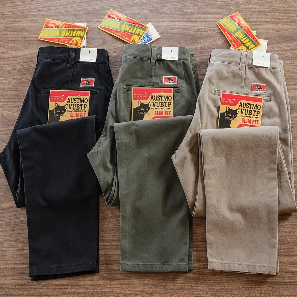 Men's 100% cotton washed twill chinos, straight-leg pants, three-color set in black, olive, and beige