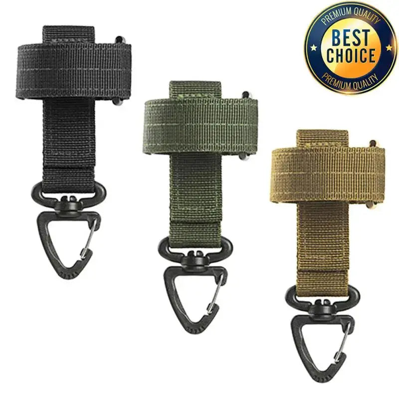 Simples Market nylon gear hooks with carabiner clip, set of three in black, olive green, and tan