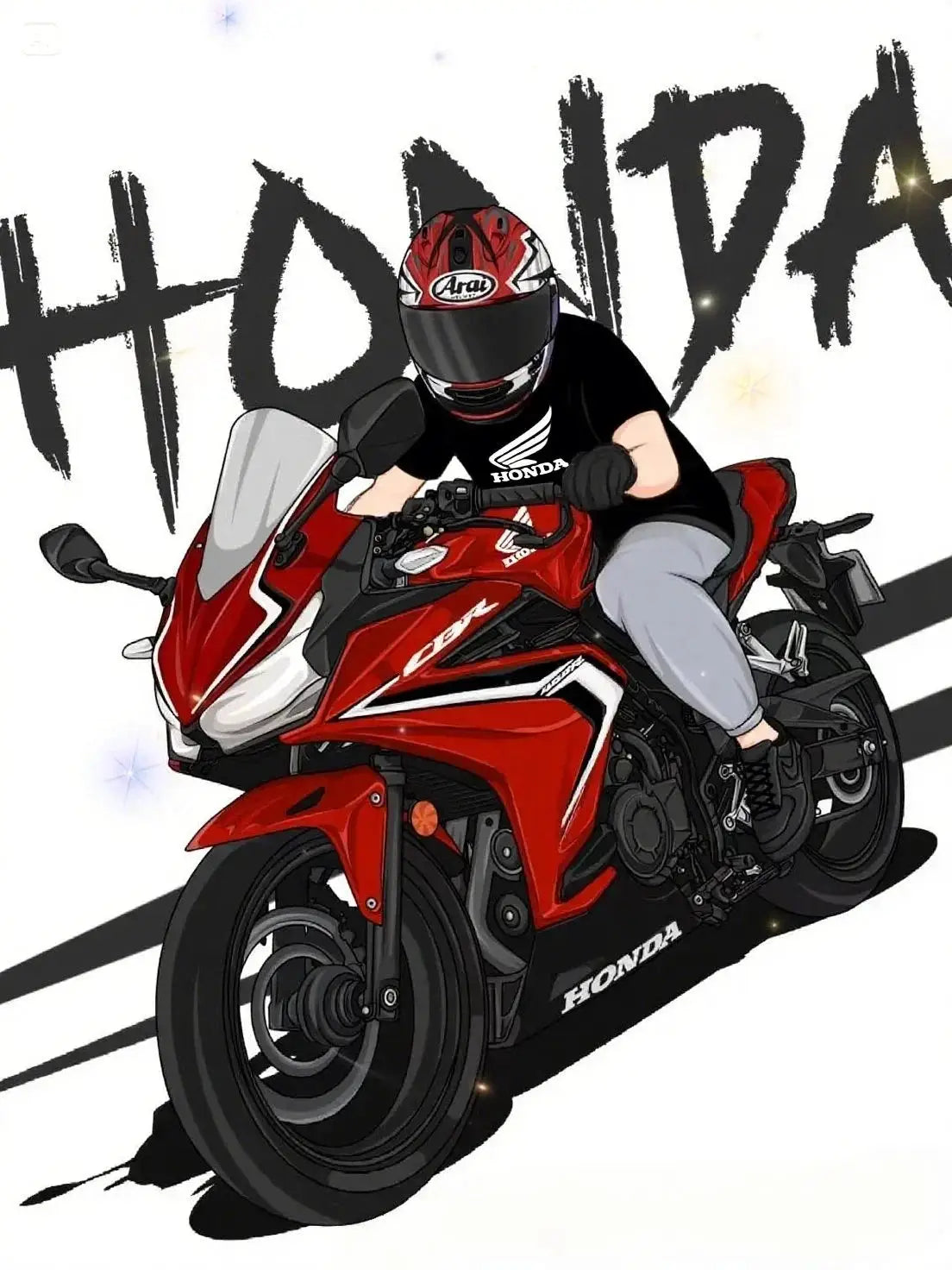 Honda motorcycle rider illustration on red sport bike, wearing a black Honda tee and Arai helmet