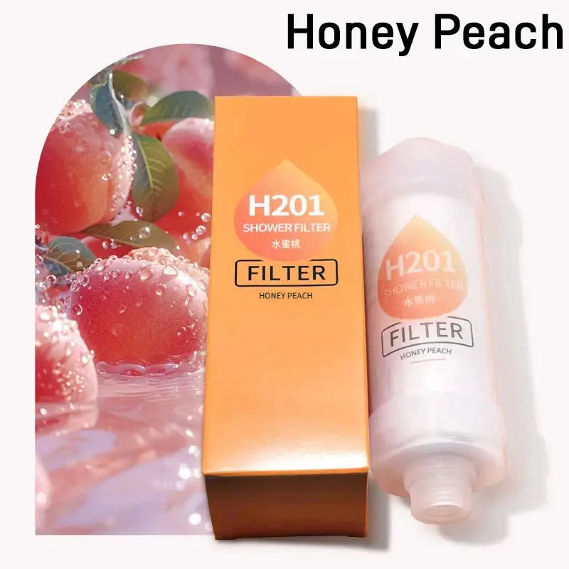 Shower filter H201 set: orange box and white bottle labeled Honey Peach