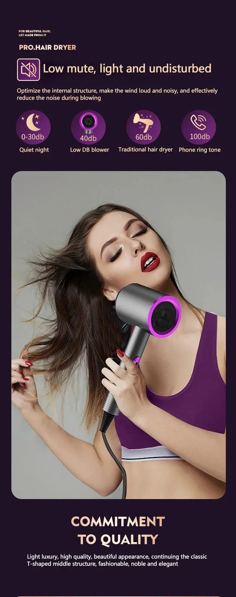 Simples Market Pro Hair Dryer, purple and silver, high-speed, ultra-silent, professional home salon