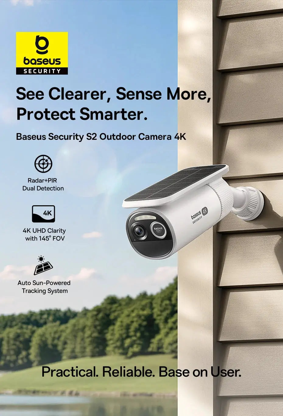 Baseus Security S2 outdoor camera; white solar-powered 4K camera with radar+PIR dual detection, IP67 waterproof