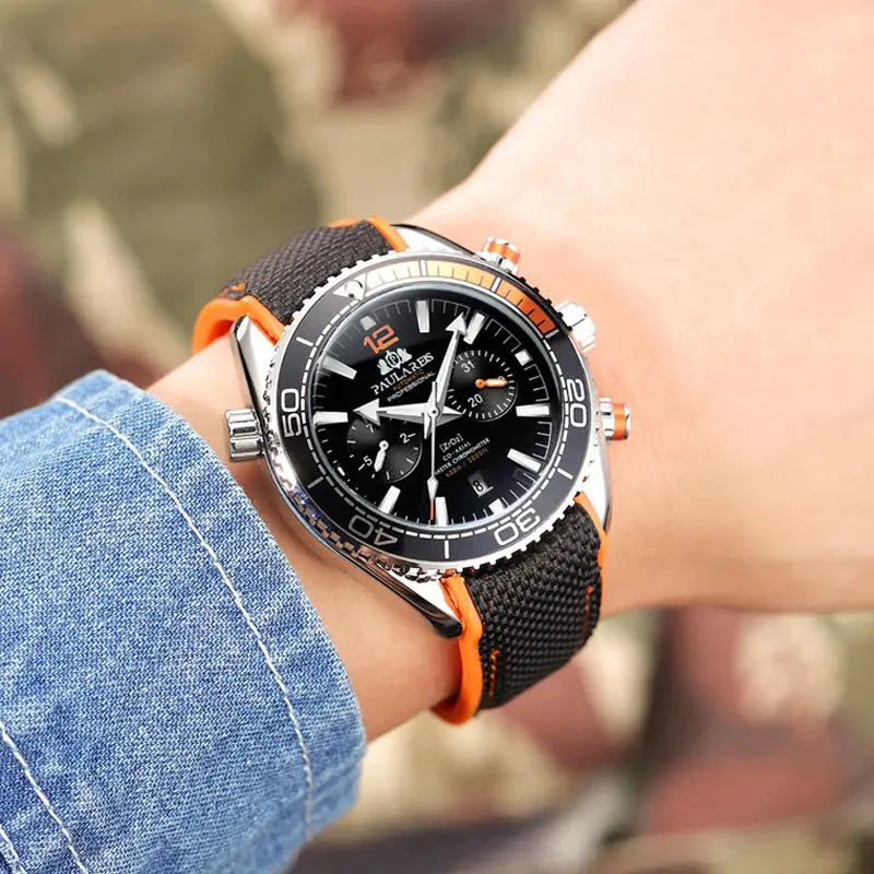PAULAREIS P luxury men's automatic watch with black dial, orange accents and rubber strap, by Simples Market
