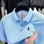 Men's light blue polo shirt, 100% cotton, short sleeves with pony embroidery logo