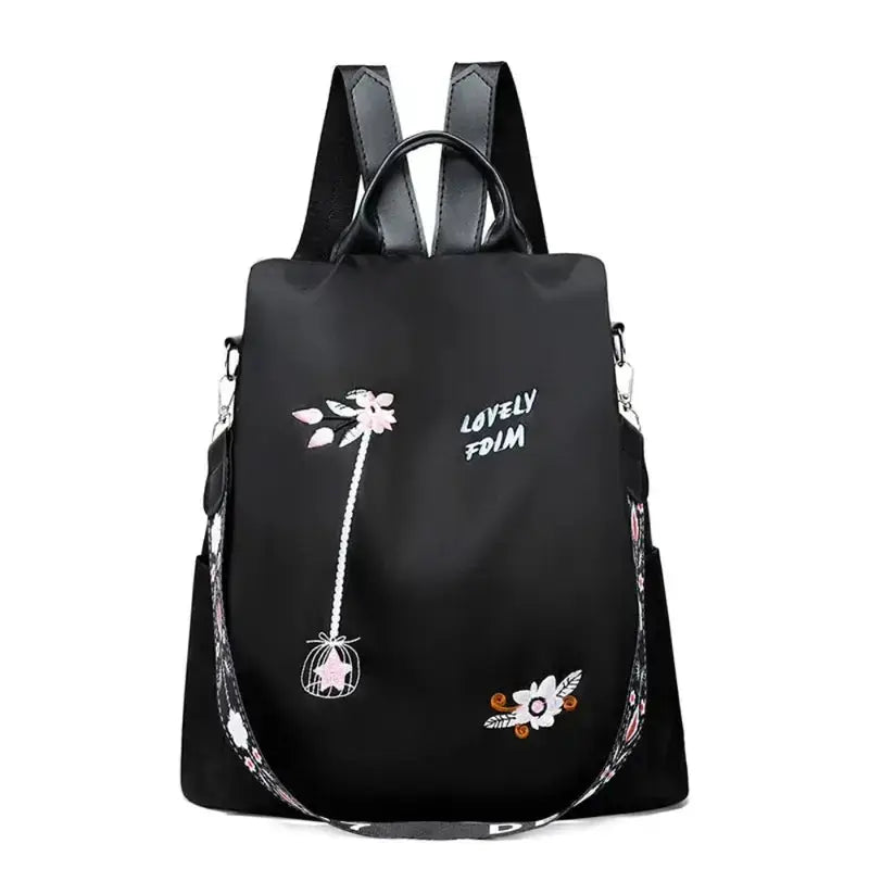 Simples Market waterproof Oxford women backpack with floral embroidery, black large-capacity travel bag