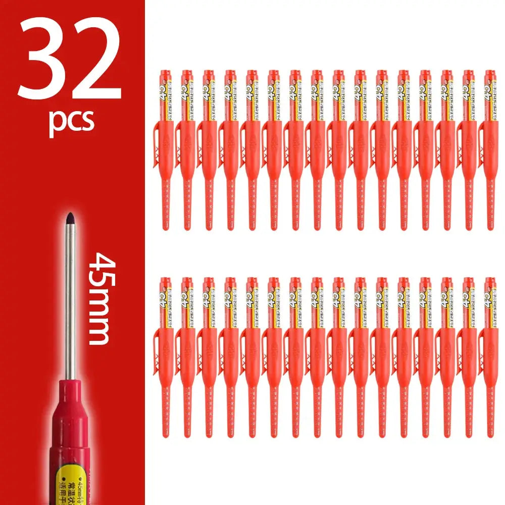 Carpenter marking pen set, 32 pcs, red 45mm nib pens for deep hole marking in woodworking