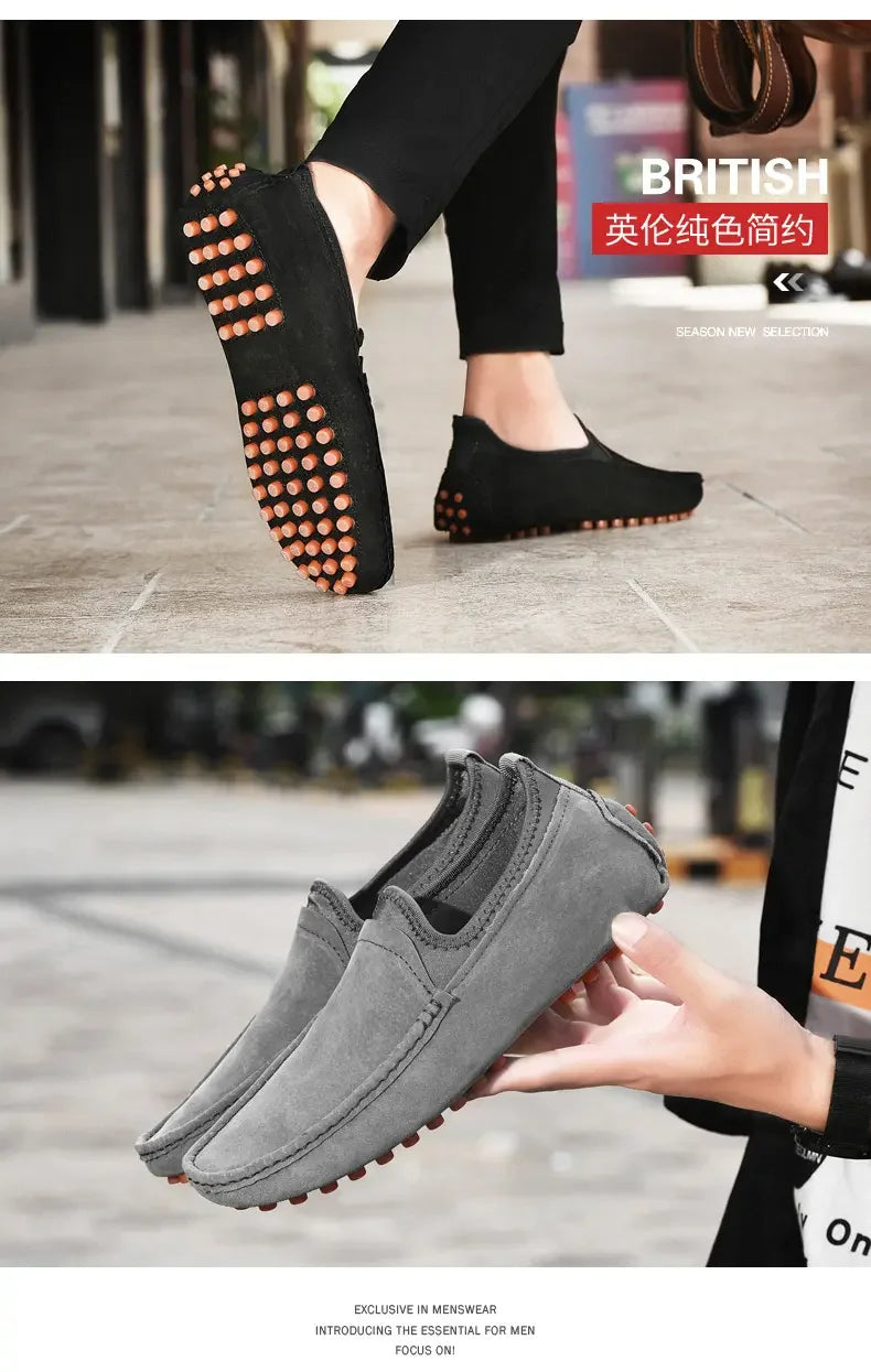 Men's driving shoes and loafers by Simples Market; black studded slip-ons and gray suede loafers with rubber nubs (2)